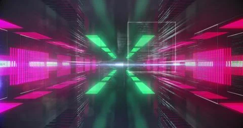 Image of screens with data processing over neon tunnel in seamless pattern Foto stock