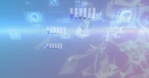 Image of screens with data processing over plexus networks against blue gradient Stock Photos