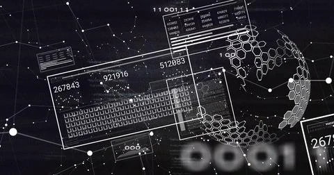 Image of screens with data processing over black background Stock Photos