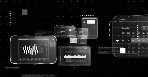 Image of screens with data processing over black background 写真素材