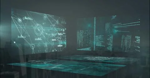 Image of screens with data processing over dark background 스톡 사진