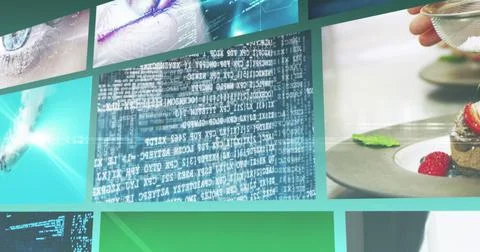 Image of screens with data processing, woman's face and breakfast Stock Illustration