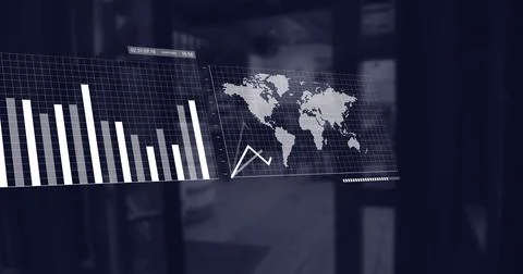 Image of screens with multiple graphs moving over entrance of empty coffee shop Illustrazione stock