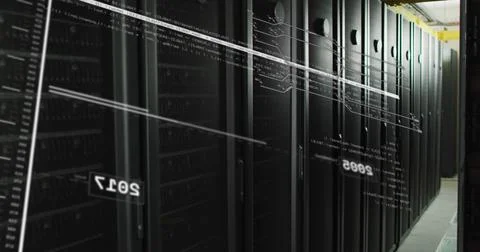 Image of screens with programming language and numbers moving over data server 库存照片