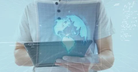 Image of screens with scope scanning and data processing over man using tablet Stock Photos