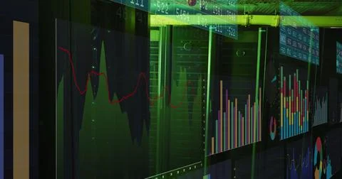 Image of screens with statistical data processing against computer server room Illustrazione stock