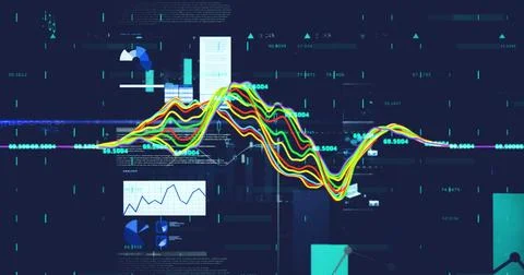 Image of screens with statistical data processing against blue background Foto stock