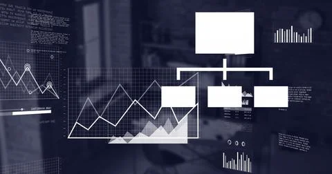 Image of screens with statistical data processing against empty office Stock Photos