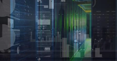 Image of screens with statistical data processing against computer server roo Stock Photos