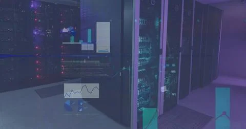 Image of screens with statistical data processing against computer server roo Stockfoto's