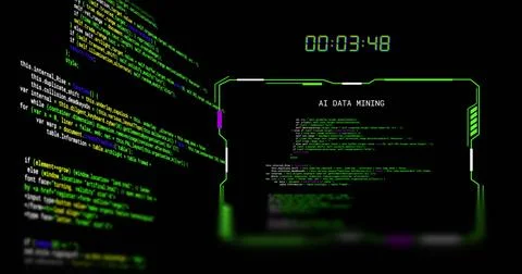 Image of scrolling data, countdown clock and interface ai data mining, on black Stockfoto's