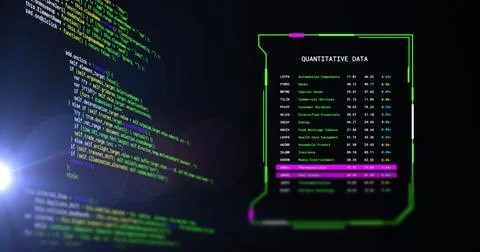 Image of scrolling text data and interface processing quantitative data, on dark Stock Photos