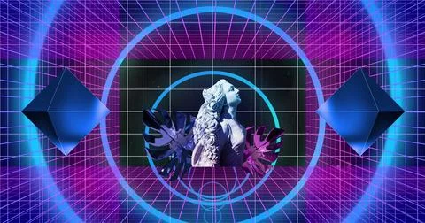 Image of sculpture with interference over neon shapes on black background Stock Photos