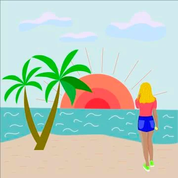 Image of the sea, sunset, palm trees and girl on the shore. Flat style, vector Stock Illustration