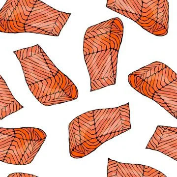Image Seamless Pattern with Salmon Filet for Seafood Menu. Ink Vector Stock Illustration