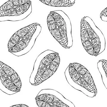 Image Seamless Pattern with Salmon Filet for Seafood Menu. Ink Vector Illustrazione stock