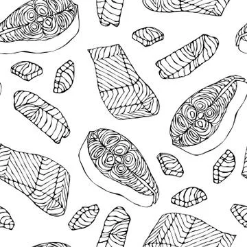 Image Seamless Pattern with Salmon Filet for Seafood Menu. Ink Vector 스톡 일러스트