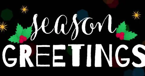 Image of season's greetings text with flickering fairy lights on black Stock Illustration