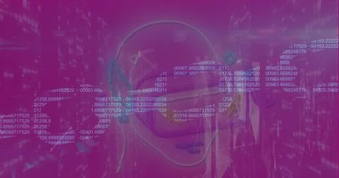 Image of security chain and man wearing vr headset icon against pink background Foto stock