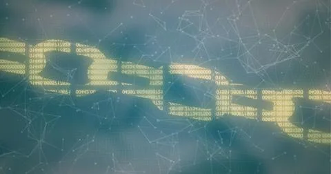 Image of security chain icon and network of connections against grey gradient 스톡 사진
