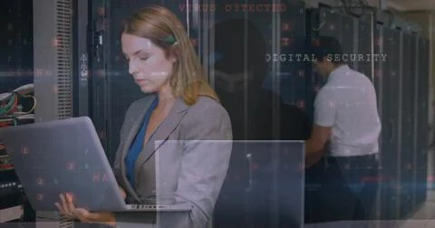 Image of security data processing over diverse colleagues working in server room 스톡 사진