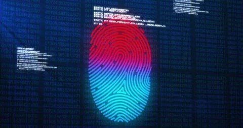Image of security fingerprint and data processing over dark background 스톡 사진