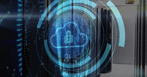 Image of security padlock and cloud icon on round scanner against computer Illustrazione stock