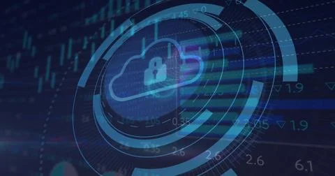 Image of security padlock and cloud icon against statistical and stock market Stock Illustration