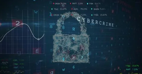 Image of security padlock and cloud icon against cyber security and statistical Stock Illustration