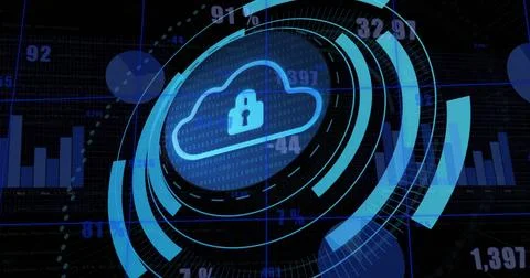 Image of security padlock and cloud icon on round scanner against statistic.. Stockfoto's