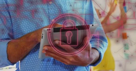 Image of security padlock and connections over biracial businessman using t.. Stockfoto's