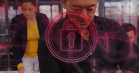Image of security padlock and connections over biracial businessman using l.. Stockfoto's