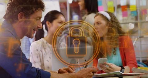 Image of security padlock and connections over diverse business people in o.. Stockfoto's