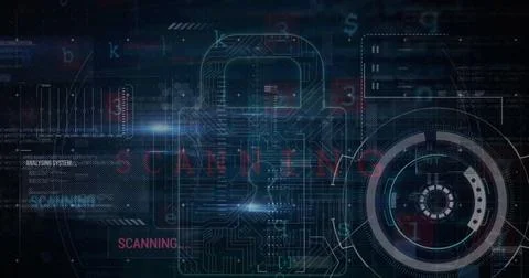 Image of security padlock and data processing over navy background Illustrazione stock