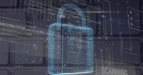 Image of security padlock and data processing over navy background Stock Illustration