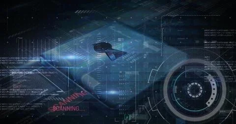 Image of security padlock and data processing over navy background Illustrazione stock