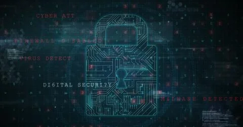 Image of security padlock and data processing over black background Illustrazione stock