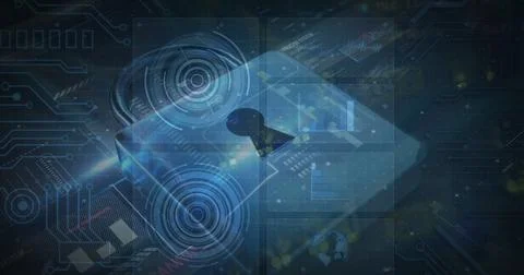 Image of security padlock and data processing over navy background Stock Illustration