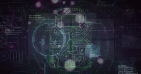 Image of security padlock and data processing over navy background Illustrazione stock