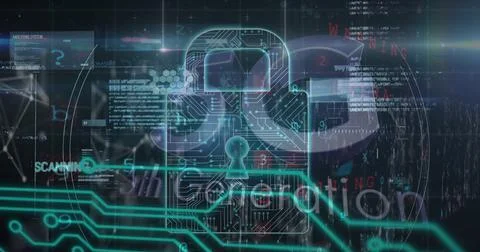 Image of security padlock and data processing over navy background Stock Illustration