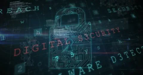 Image of security padlock and data processing over black background Illustrazione stock