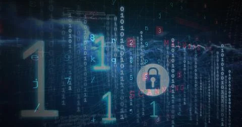 Image of security padlock and data processing over black background Illustrazione stock