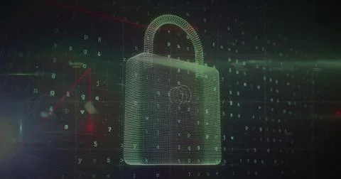 Image of security padlock and data processing over navy background Illustrazione stock