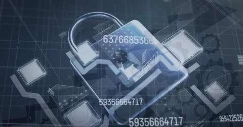 Image of security padlock and data processing over black background 写真素材