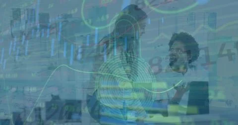 Image of security padlock and data processing over diverse man and woman 스톡 사진