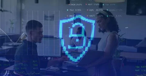 Image of security padlock and data processing over diverse business people in 스톡 사진