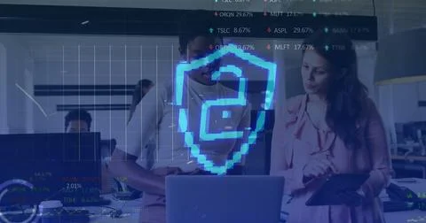 Image of security padlock and data processing over diverse business people in 写真素材