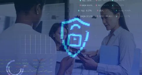 Image of security padlock and data processing over diverse business people in Stock Photos