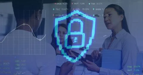 Image of security padlock and data processing over diverse business people in 写真素材