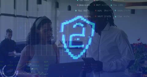 Image of security padlock and data processing over diverse business people in Stockfoto's